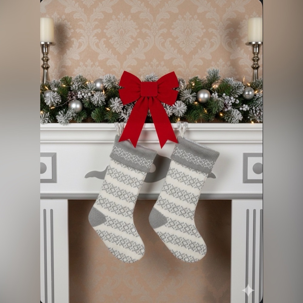 NWOT 2 Wondershop Fair Isle Gray and White Holiday Stocking
